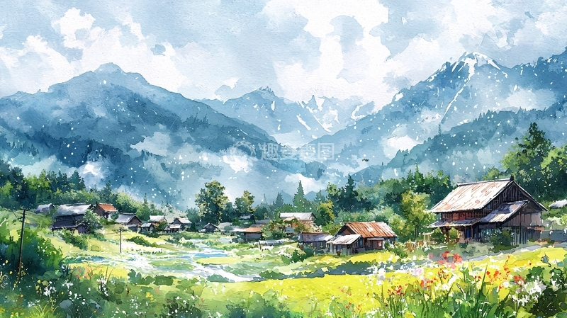 高清大图下载【趣麦麦图】山间村落水彩风景