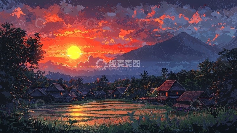 高清大图下载【趣麦麦图】夕阳下的村庄
