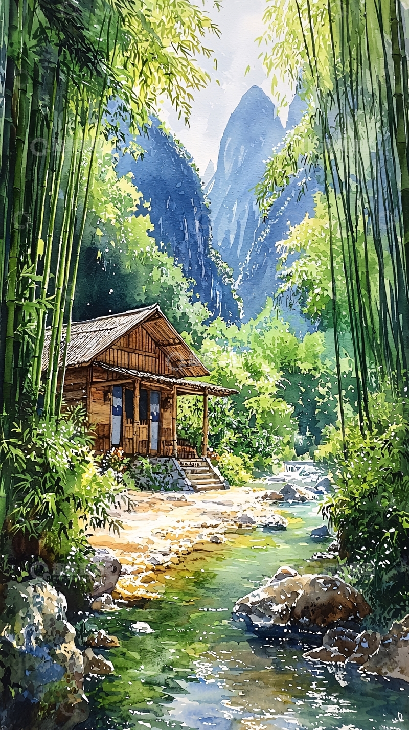 高清大图下载【趣麦麦图】竹林中的小屋和溪流
