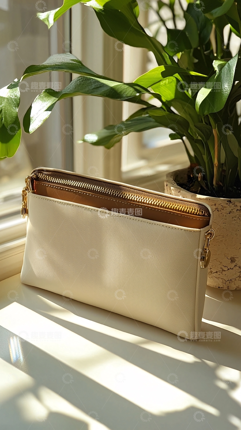 高清大图下载【趣麦麦图】白色手提包置于窗台
