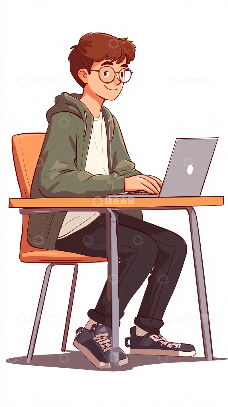 高清大图下载【趣麦麦图】戴眼镜男孩用笔记本电脑学习