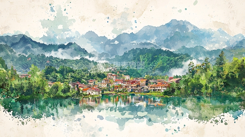 高清大图下载【趣麦麦图】水彩风格的山水村庄