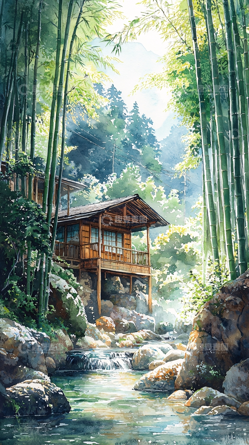 高清大图下载【趣麦麦图】竹林掩映下的木屋