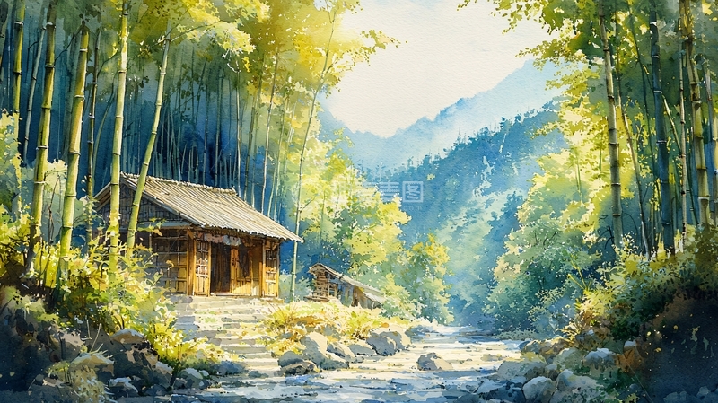 高清大图下载【趣麦麦图】竹林小屋溪流