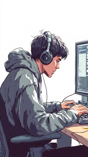 戴耳机男生电脑工作图