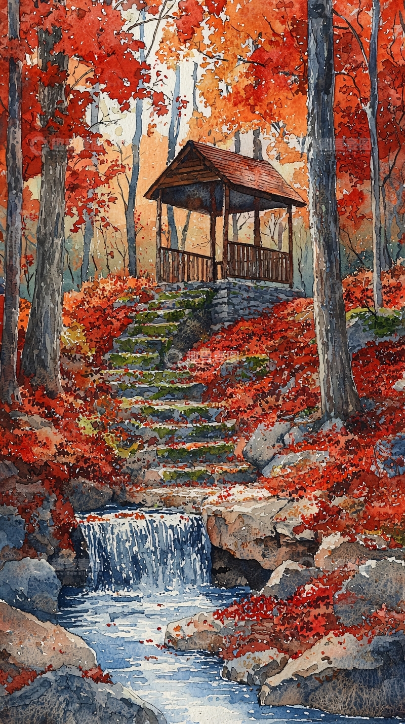 高清大图下载【趣麦麦图】秋日枫叶小亭瀑布