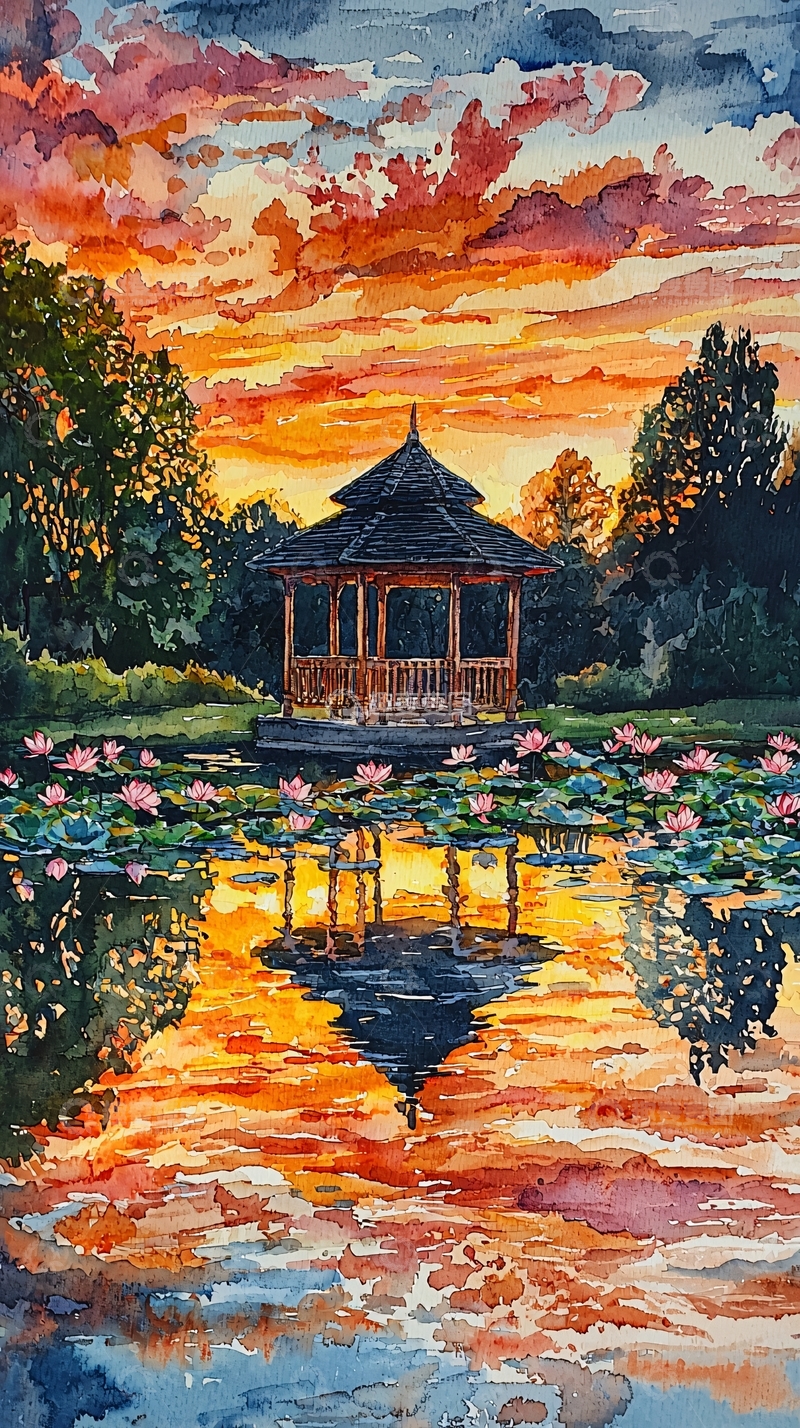 高清大图下载【趣麦麦图】日落亭台水景画