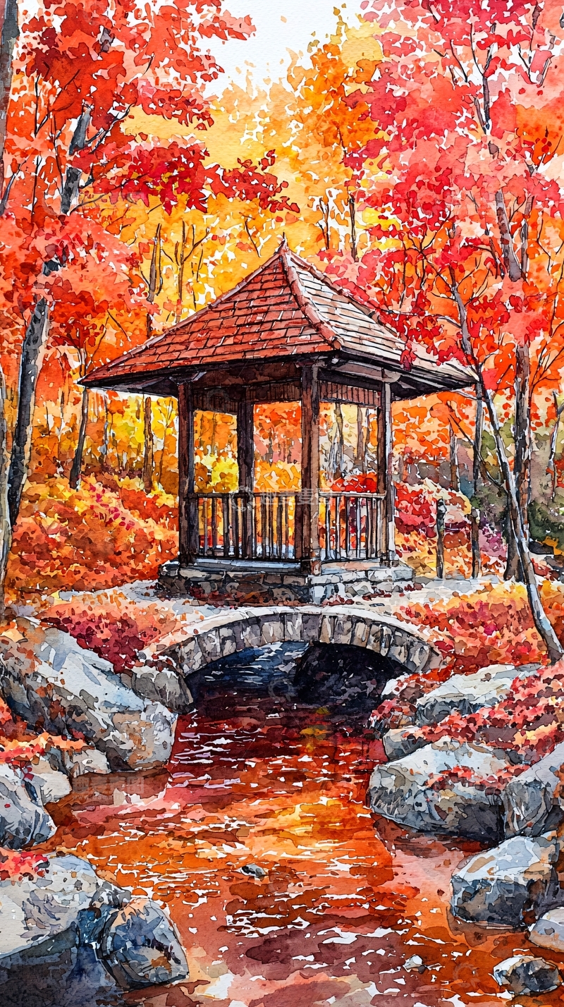高清大图下载【趣麦麦图】秋日红叶亭台景色