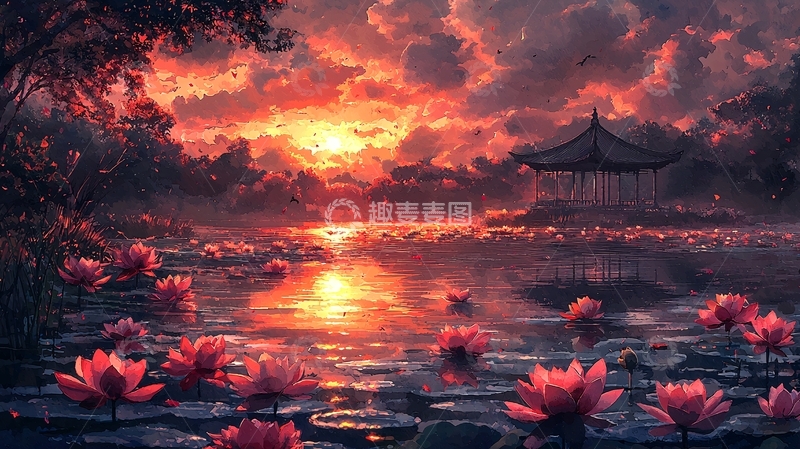 高清大图下载【趣麦麦图】日落荷花池塘景色
