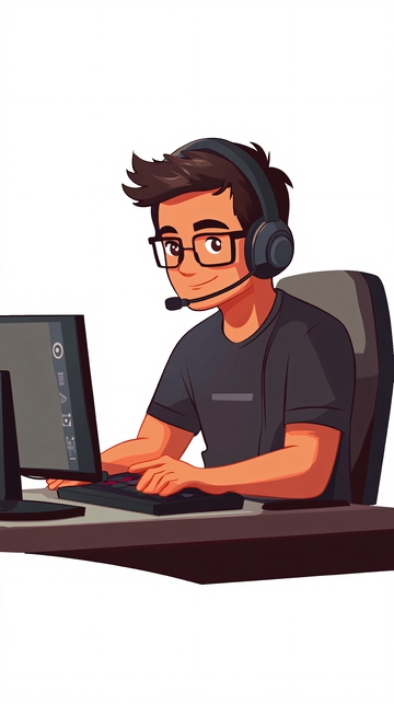 戴耳机玩电脑的卡通男孩