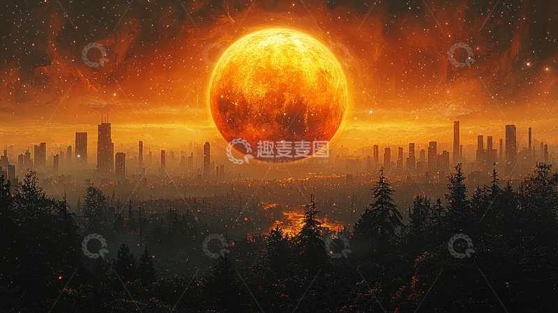 高清大图下载【趣麦麦图】巨型血月笼罩城市