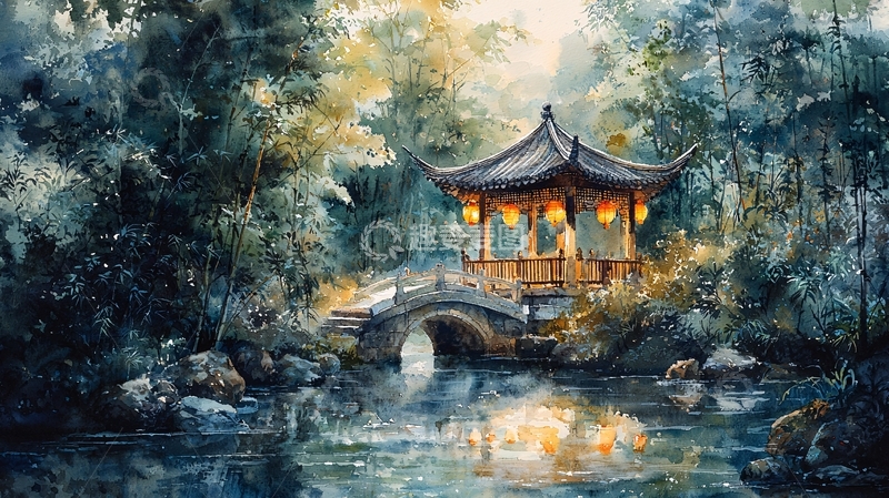 高清大图下载【趣麦麦图】中国风水墨亭台流水