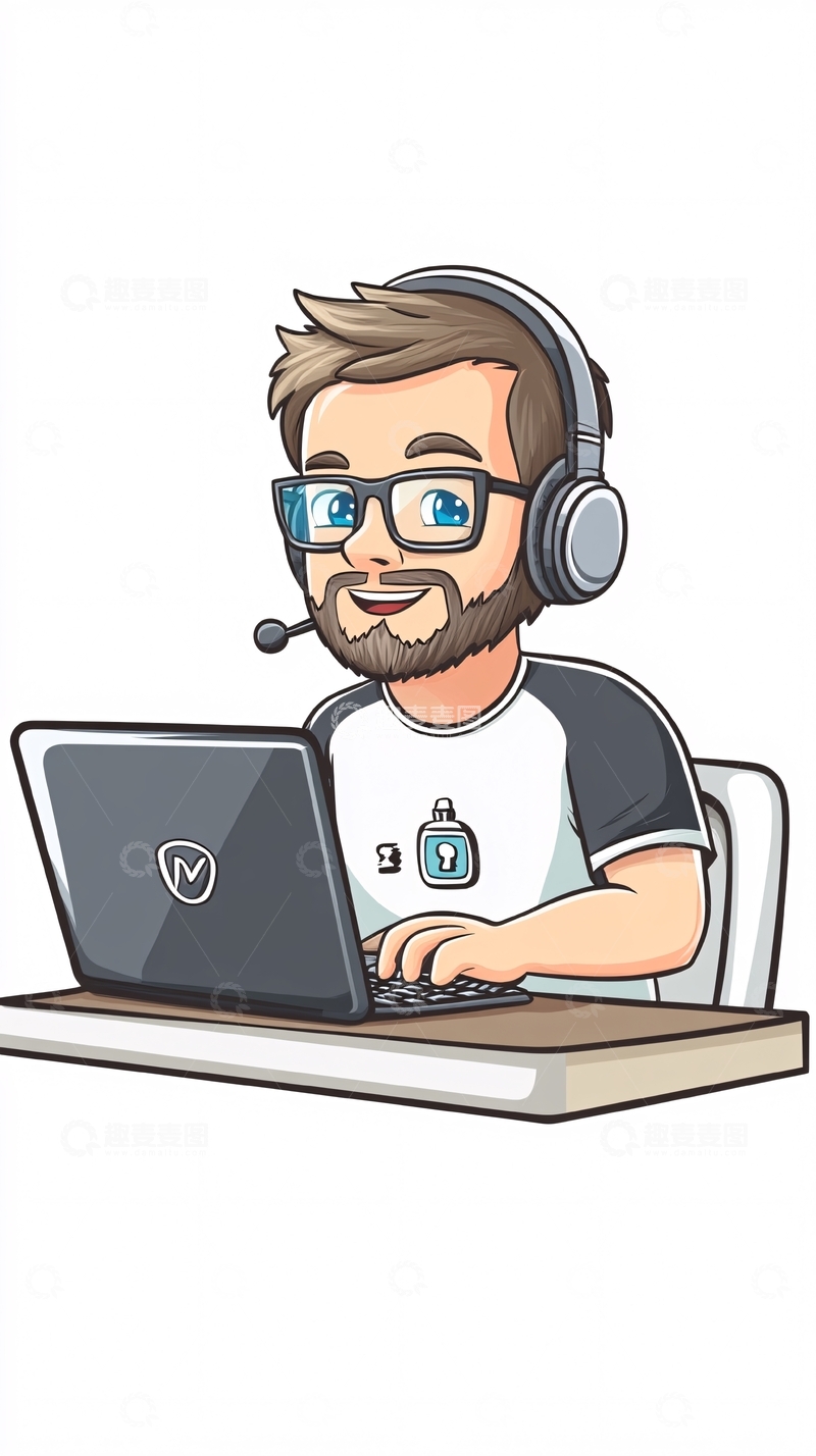 高清大图下载【趣麦麦图】戴耳机电脑前工作的卡通人物