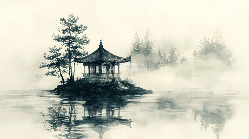高清大图下载【趣麦麦图】水墨风小岛亭台意境