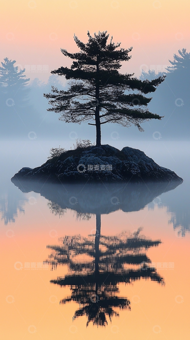 高清大图下载【趣麦麦图】孤岛上的松树倒影