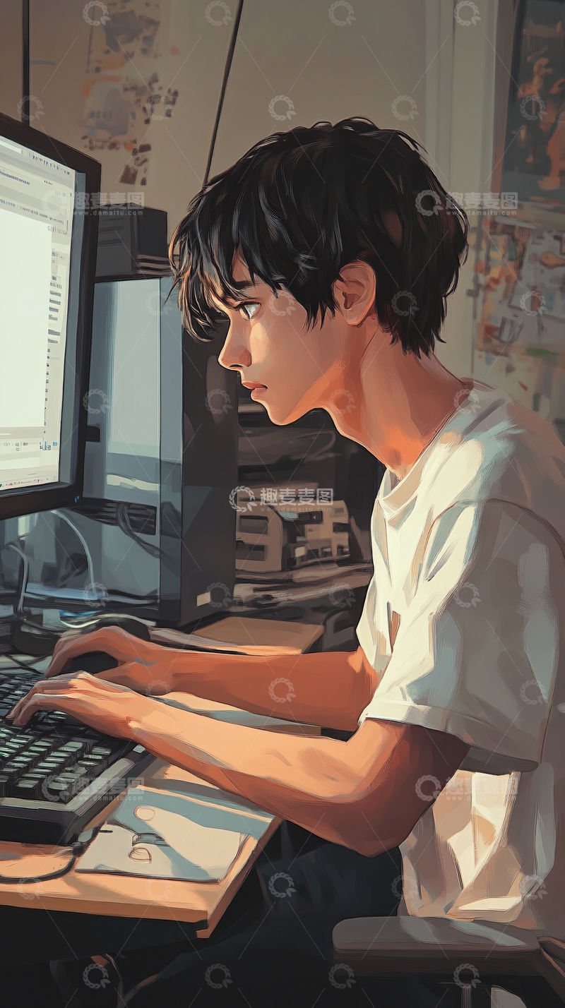 高清大图下载【趣麦麦图】侧脸男生电脑前专注工作