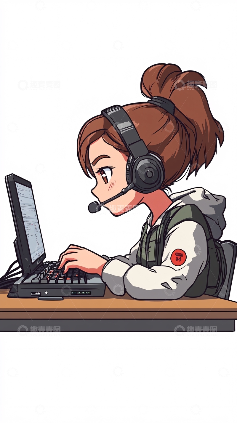 高清大图下载【趣麦麦图】戴耳机电脑前工作的卡通女孩