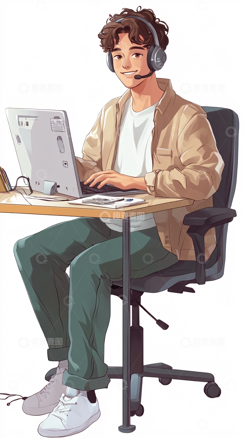 高清大图下载【趣麦麦图】戴耳机电脑前工作的年轻人