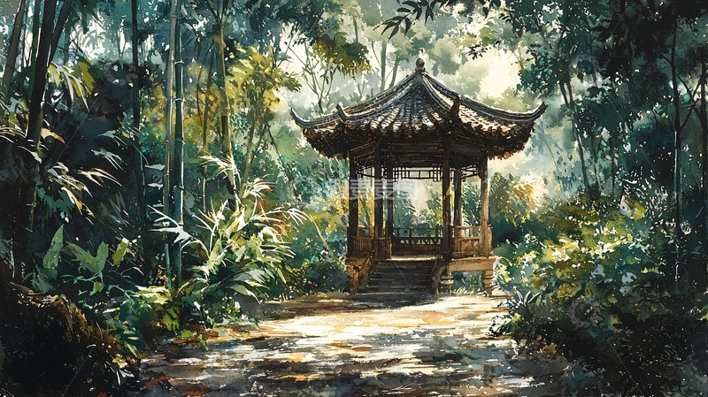 高清大图下载【趣麦麦图】丛林中静谧的亭子