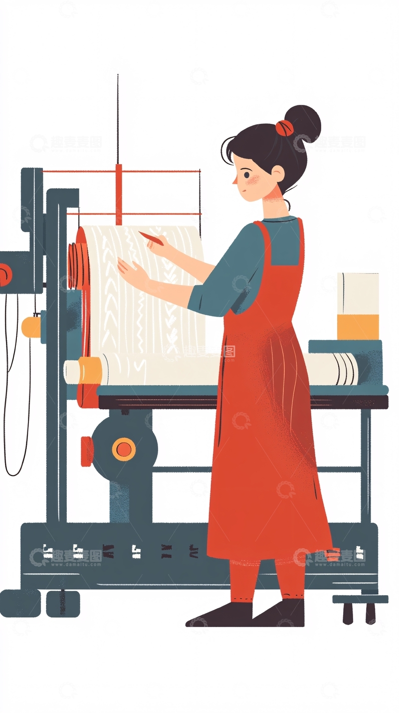 高清大图下载【趣麦麦图】女孩操作织布机