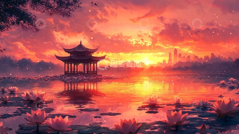 高清大图下载【趣麦麦图】日落亭台水榭