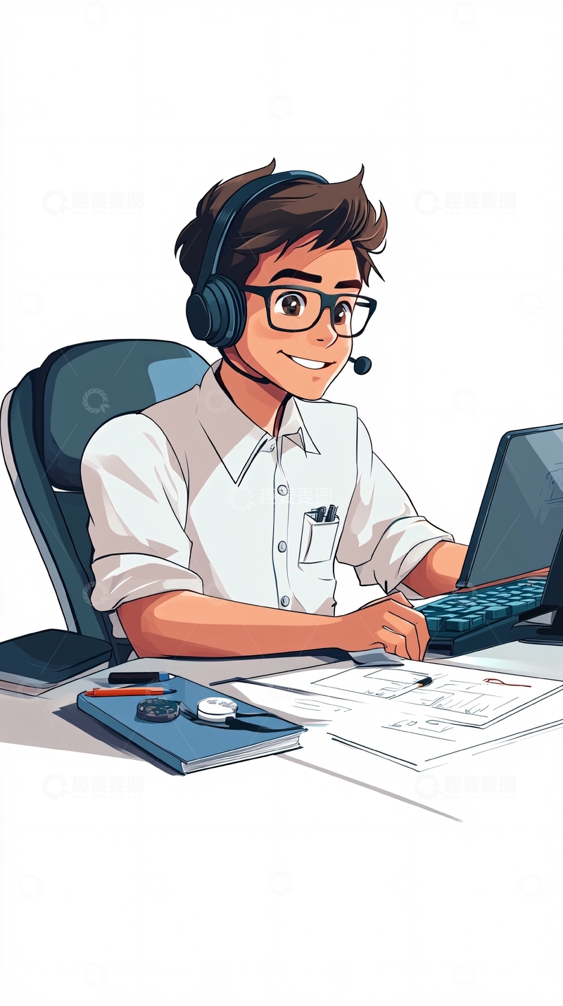 高清大图下载【趣麦麦图】戴耳机电脑前工作的卡通男生
