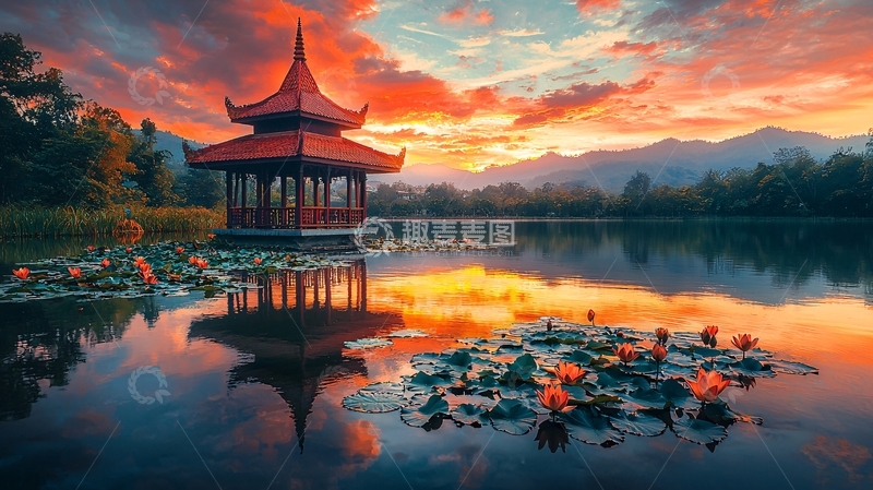 高清大图下载【趣麦麦图】日落湖边中式凉亭