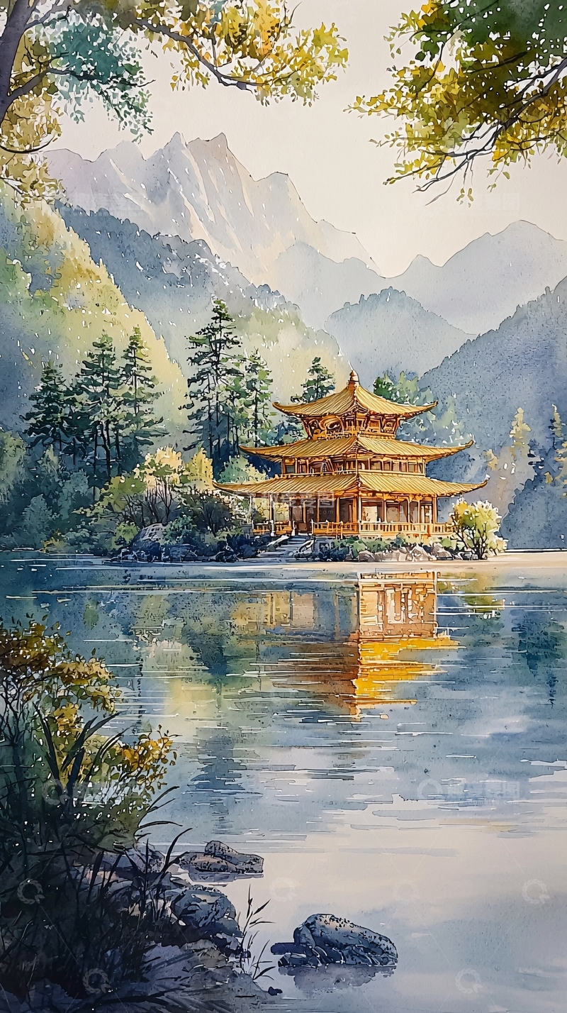 高清大图下载【趣麦麦图】山间湖泊金色宝塔