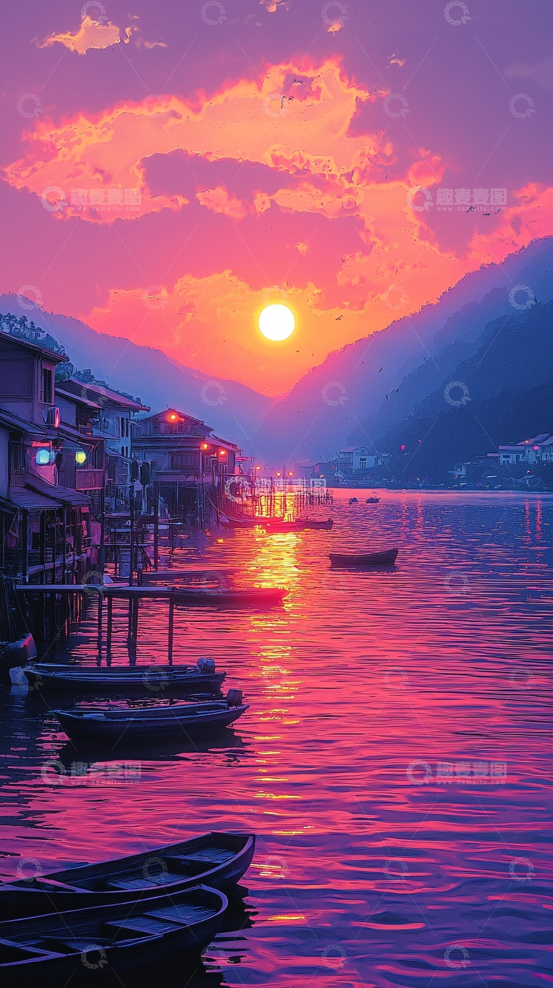 高清大图下载【趣麦麦图】宁静湖面上的紫色日落