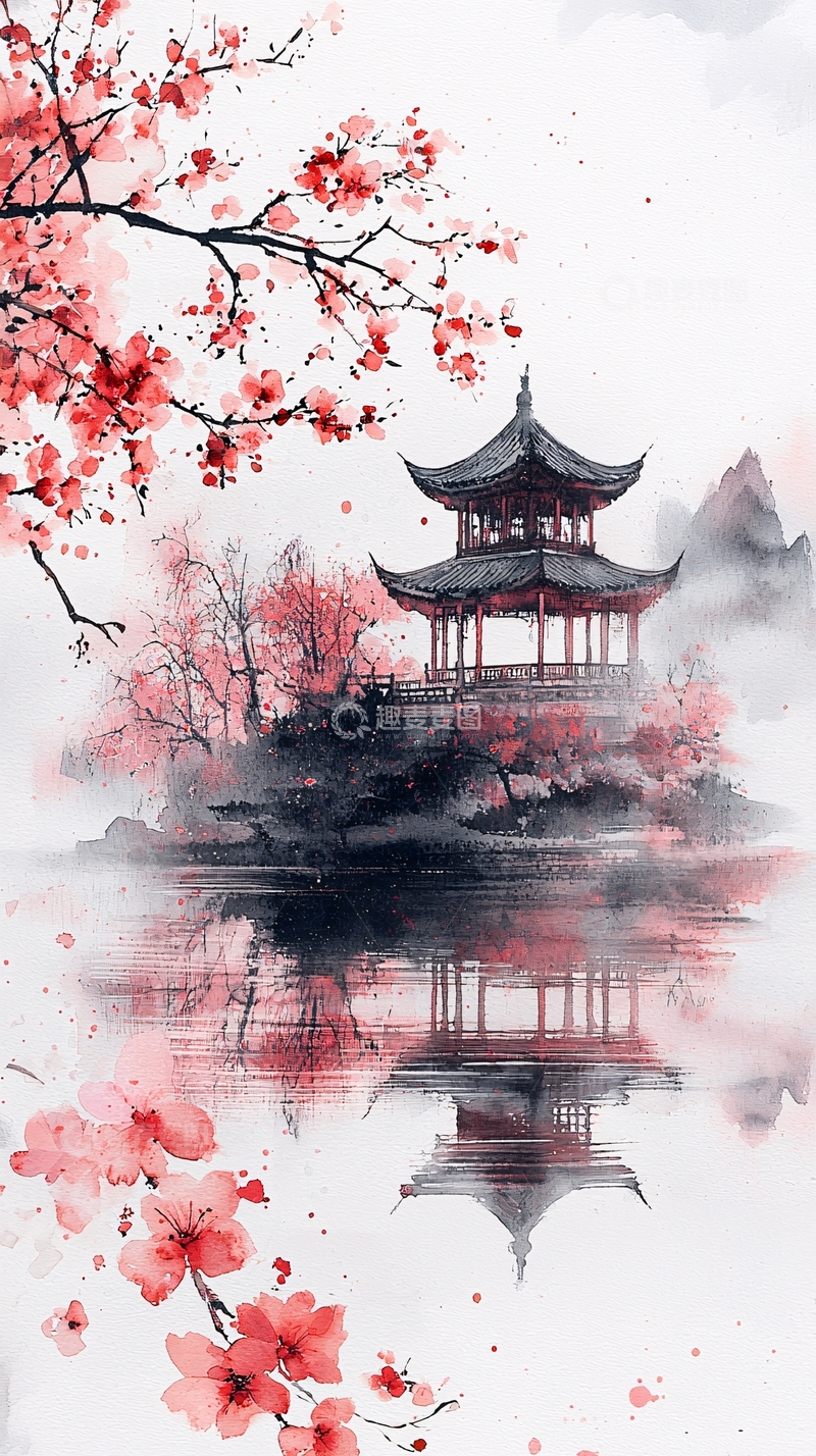 高清大图下载【趣麦麦图】水墨风亭台楼阁桃花