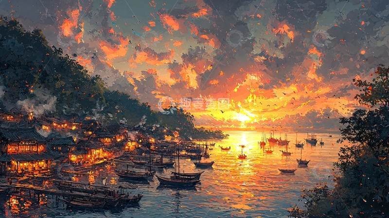高清大图下载【趣麦麦图】傍晚海边村庄的夕阳
