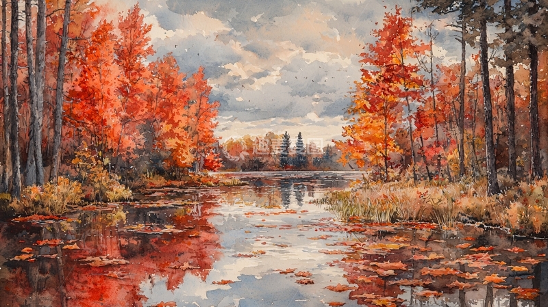 高清大图下载【趣麦麦图】秋日红叶倒映湖面