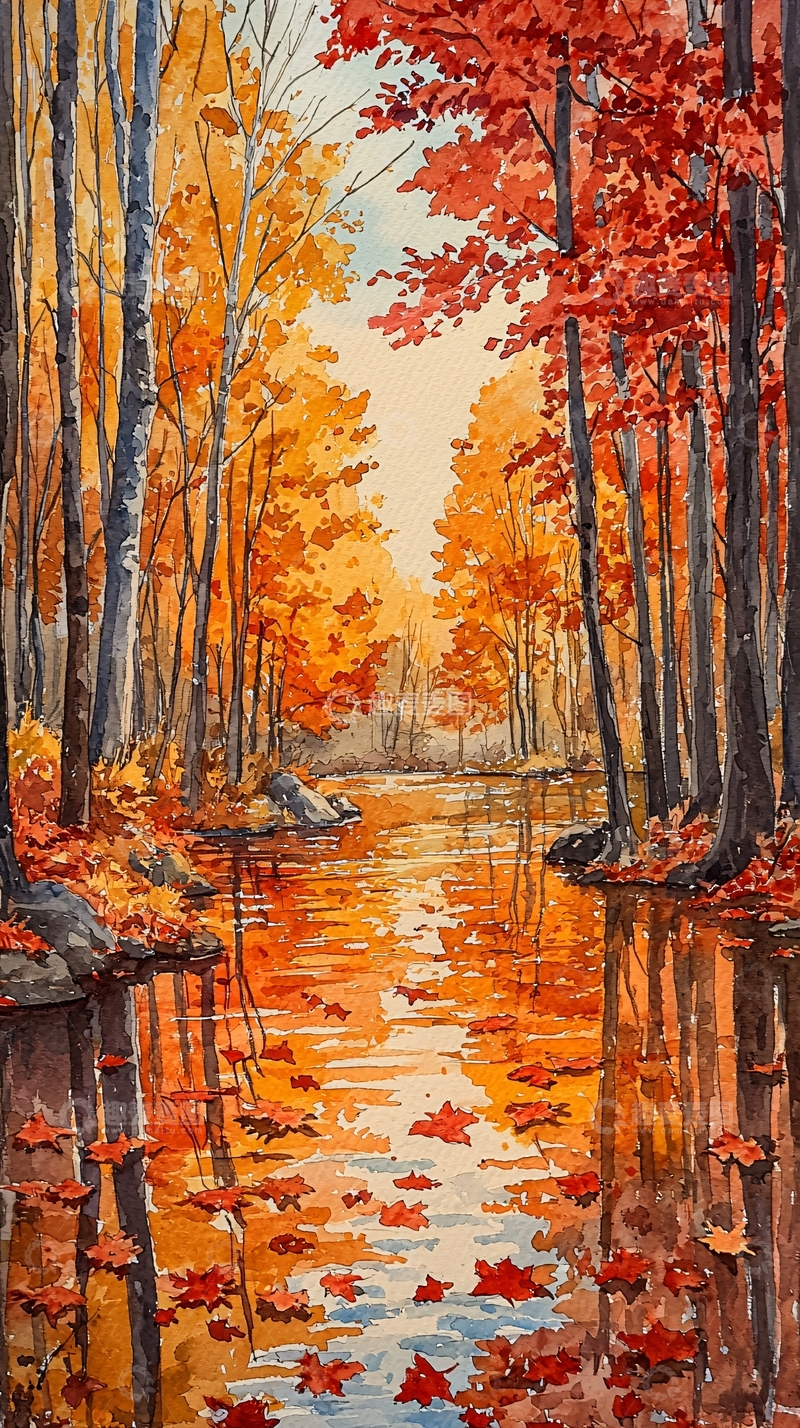 高清大图下载【趣麦麦图】秋日森林小溪倒影