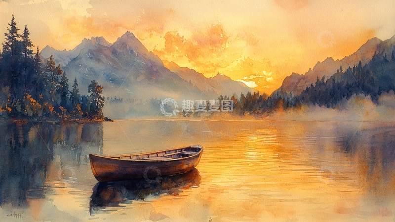 高清大图下载【趣麦麦图】宁静湖面金色日落