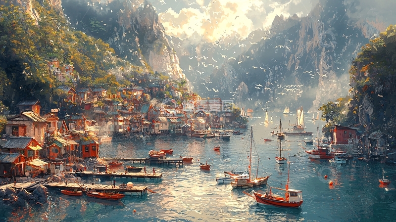 高清大图下载【趣麦麦图】山崖环抱的宁静海湾小镇