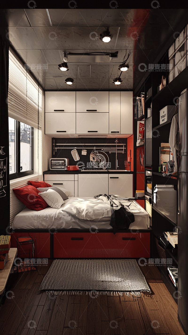 高清大图下载【趣麦麦图】极简风小户型卧室厨房一体化设计