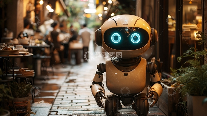 高清大图下载【趣麦麦图】小机器人走在鹅卵石街道上