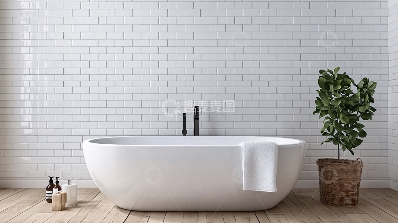 高清大图下载【趣麦麦图】白色砖墙浴室浴缸