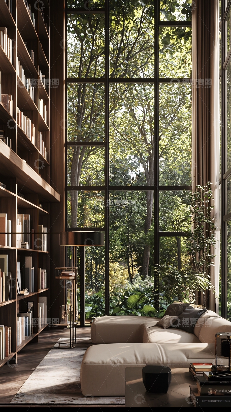 高清大图下载【趣麦麦图】落地窗图书馆客厅设计