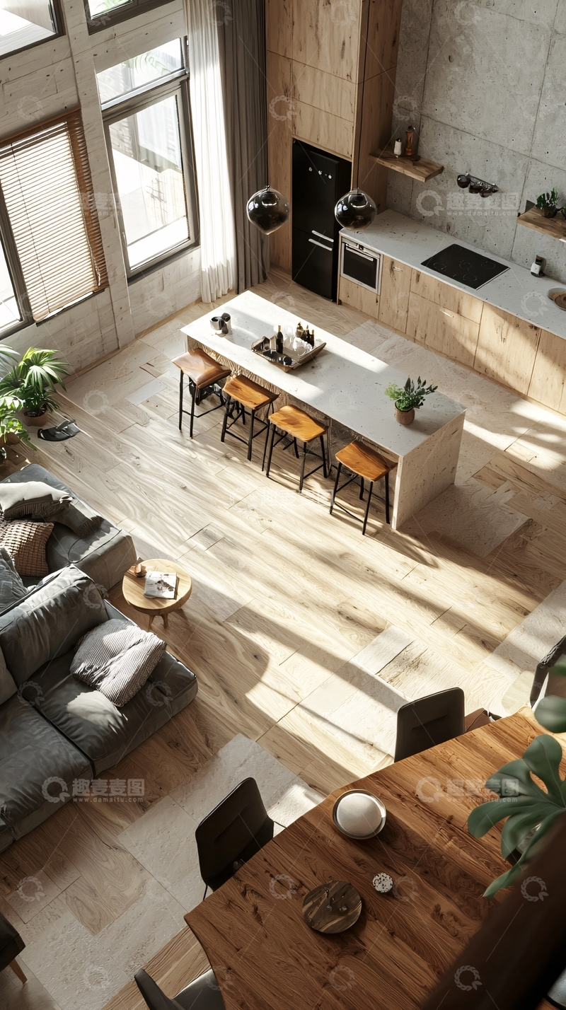 高清大图下载【趣麦麦图】现代简约开放式厨房客厅
