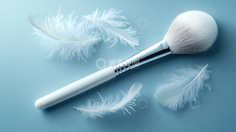 高清大图下载【趣麦麦图】白色化妆刷与羽毛的静物特写
