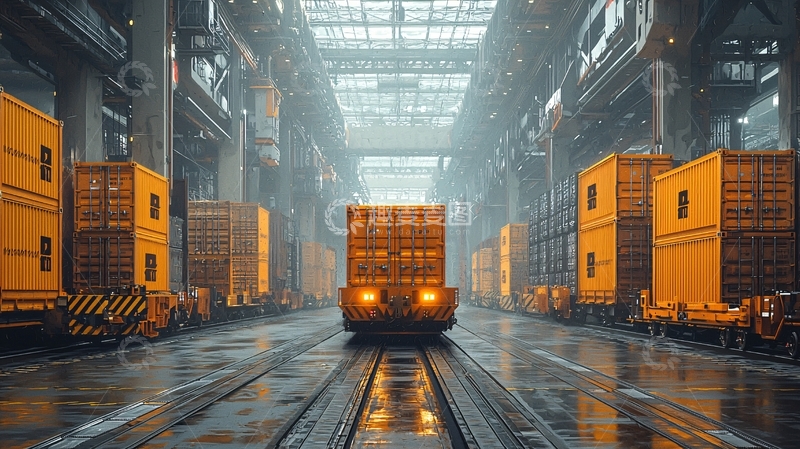 高清大图下载【趣麦麦图】厂房内轨道上的黄色集装箱货车