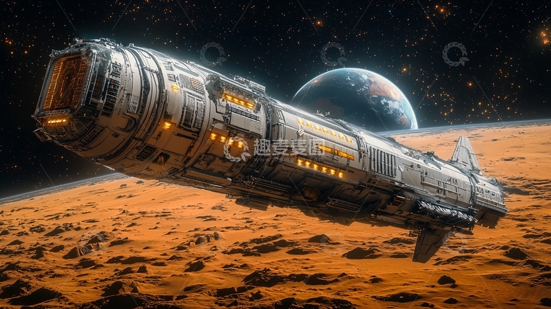 高清大图下载【趣麦麦图】宇宙飞船掠过红色星球