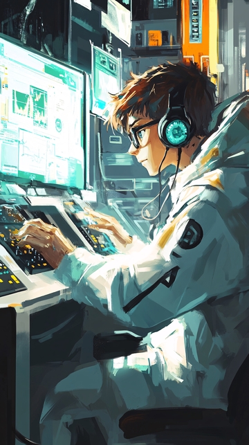 夜晚电脑前戴耳机少年