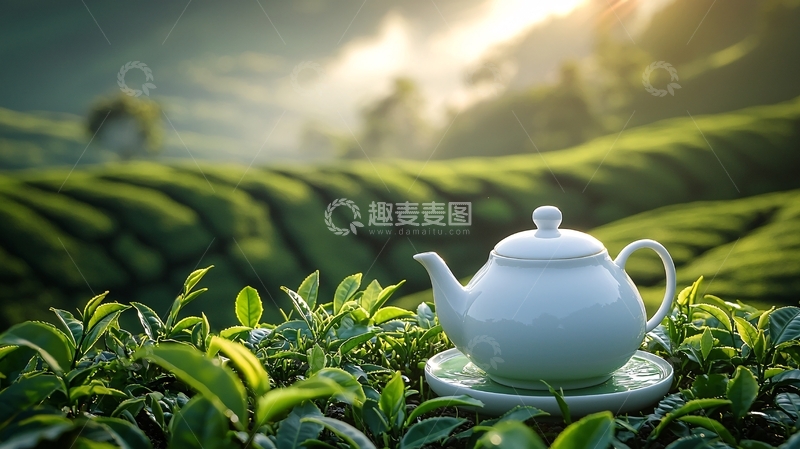 高清大图下载【趣麦麦图】白茶壶在茶园中阳光明媚