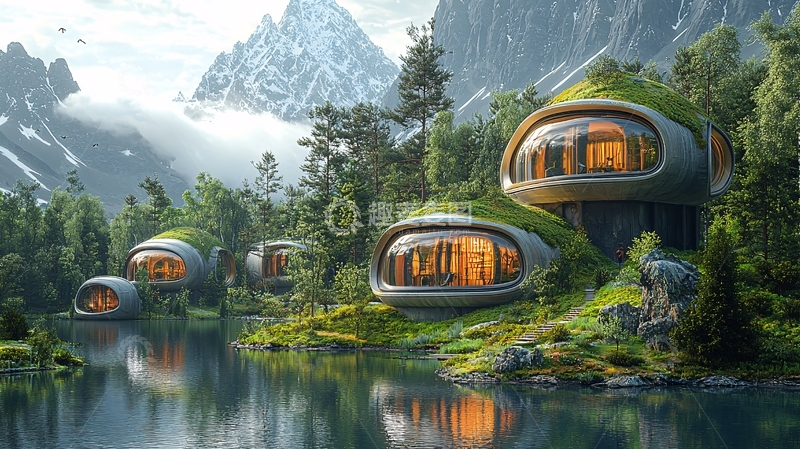 高清大图下载【趣麦麦图】山间湖泊旁的未来生态房屋