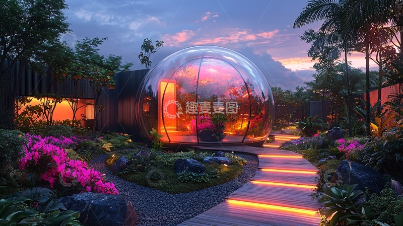 高清大图下载【趣麦麦图】日落时分透明球形别墅