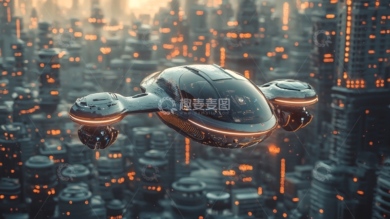 高清大图下载【趣麦麦图】未来飞行器城市上空