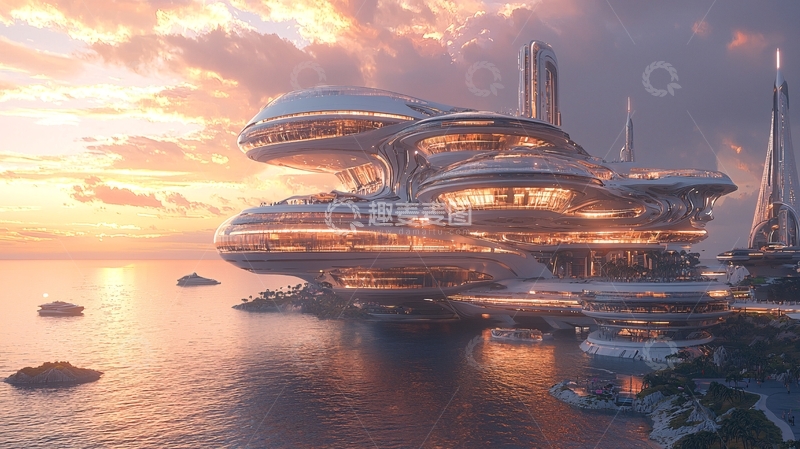 高清大图下载【趣麦麦图】未来都市海边建筑