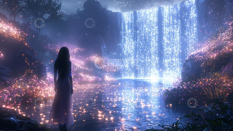 高清大图下载【趣麦麦图】梦幻女孩瀑布夜景